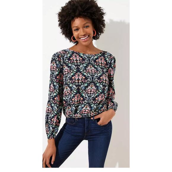 Loft black floral wrap back elasticized hem top Size large Boho Dark Romantic - Picture 1 of 11